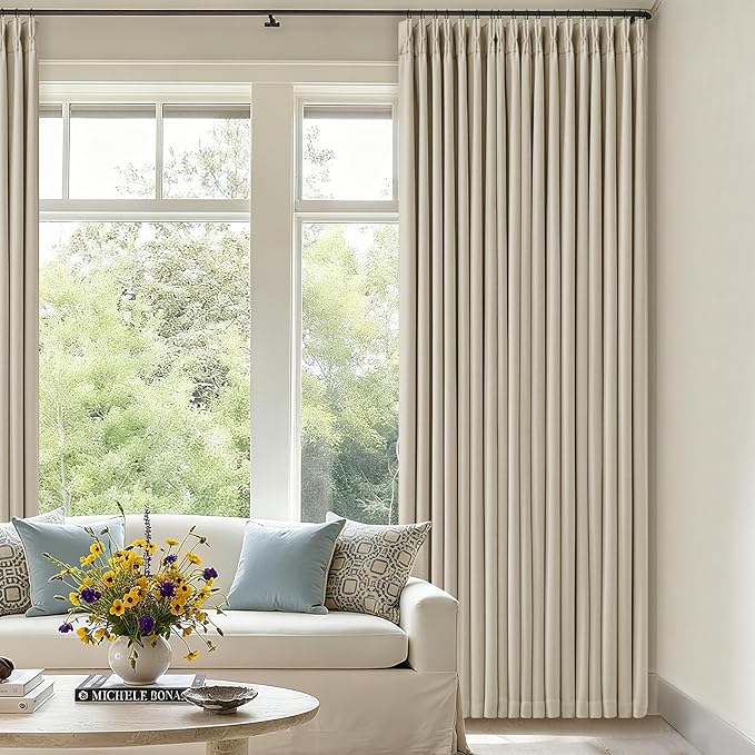 Neutral Beige Linen Pinch Pleated Blackout Curtains 84 Inches Long for Bedroom Living Room Darkening 100% Black Out Pinch Pleat Drape with Liner Farmhouse 84 Inch Curtain for Dining Room Oatmeal Sand