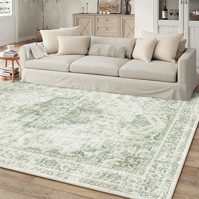 5x7 Vintage Washable Area Rugs Boho Medallion Large Distressed Retro Accent Carpet Floral Non-Slip Soft Low Pile Indoor Throw Rug for Living Room Bedroom Dining Room Office Kitchen, Green