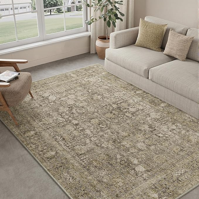 Brown Area Rug 5x7 Machine Washable Vintage Living Room Distressed Non Slip Carpet Traditional Indoor Bedroom Retro Floral Accent Throw Large Rug Office Kitchen Bathroom Dining Room