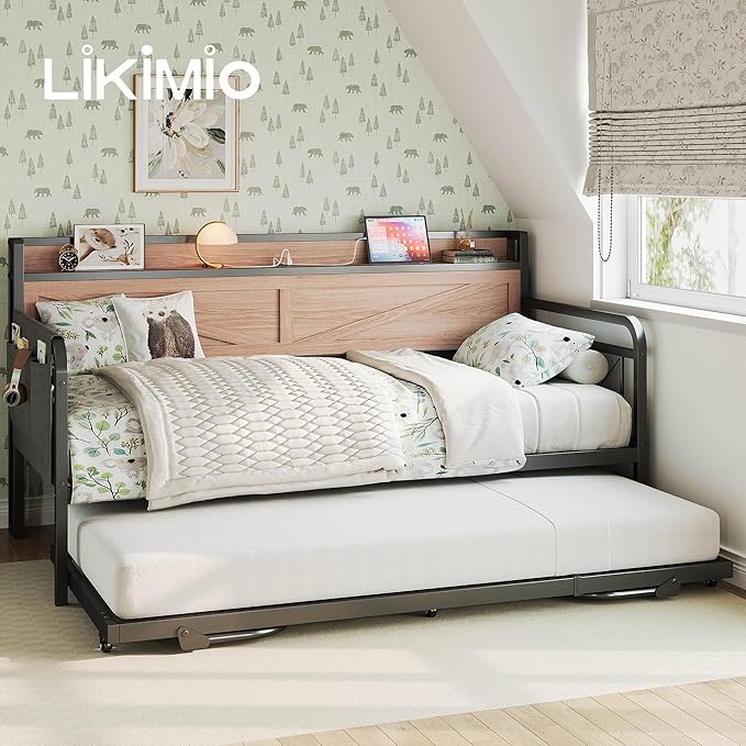 LIKIMIO Twin Daybed with Trundle Bed, Storage Headboard with Charging Station, Sofa Day Bed with Strong Supports for Living Room, Bedroom, and Guest Room, Wood Color