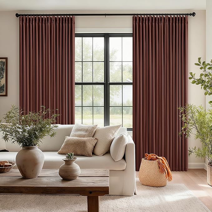 Brown Red Pinch Pleated Blackout Curtains 102 Inches Long for Bedroom 100% Black Out Thick Linen Dual Layer Pleated Drapes Farmhouse Country Terracotta Maroon 102 Inch Curtain for Dining Living Room