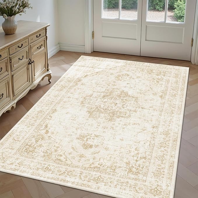3x5 Vintage Washable Area Rugs Boho Medallion Large Distressed Retro Accent Carpet Floral Non-Slip Soft Low Pile Indoor Throw Rug for Living Room Bedroom Dining Room Office Kitchen, Beige