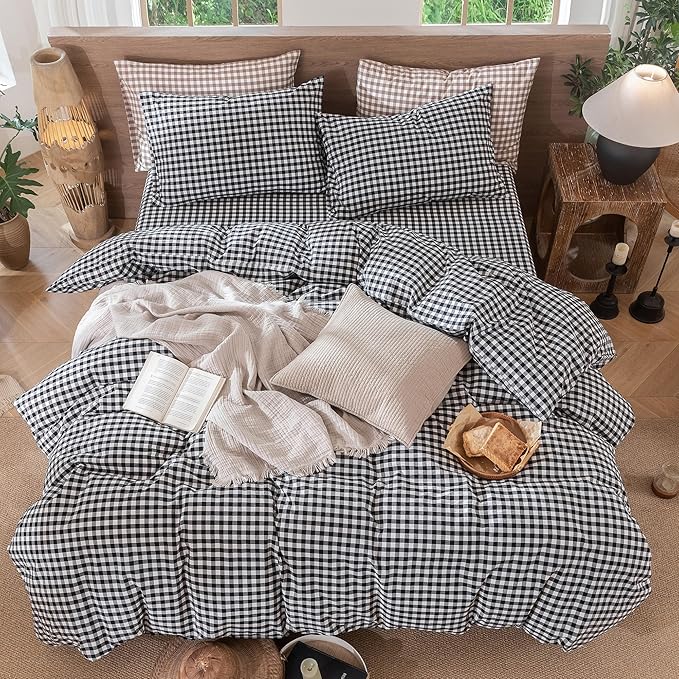 MooMee Gingham Duvet Cover Set 100% Washed Cotton Linen Like Textured Breathable Durable Soft Comfy Modern Checkered Design (Black White Gingham, King 104"x90")