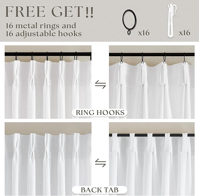 White Linen Pinch Pleated Curtains 102 Inches Long 2 Panels for Living Room Bedroom Snow White Thick Linen Pleated Hooks Rings Back Tab Luxury Light Filtering 102 Inch Curtain Drapes for Sliding Door