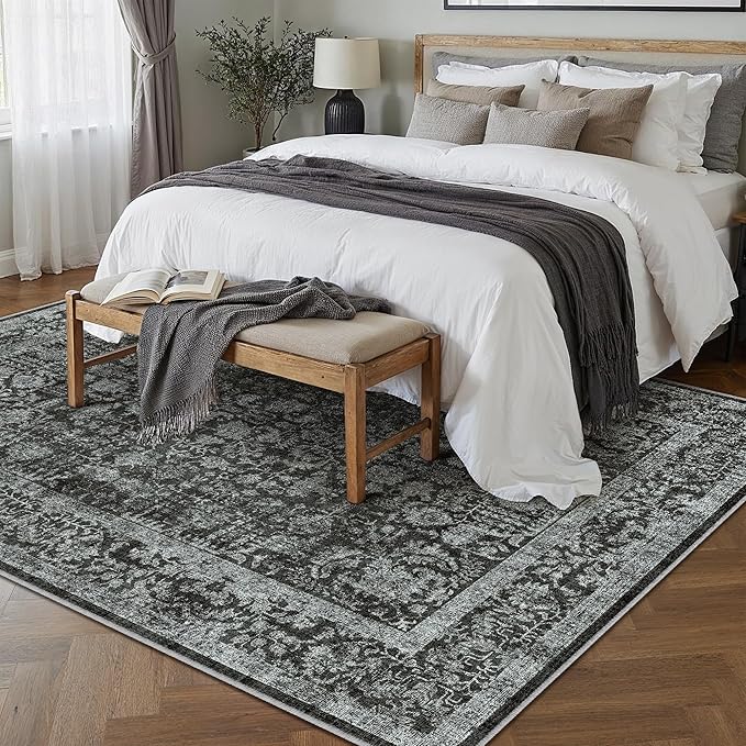 Dark Black Area Rug 8x10 Machine Washable Large Vintage Living Room Distressed Non Slip Carpet Traditional Indoor Bedroom Retro Floral Accent Throw Rug for Office Kitchen Dining Room