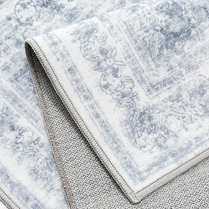 Washable Rug 6x9 Area Rug for Living Room Blue Vintage Boho Medallion Large Distressed Retro Carpet Non Slip Indoor Low Pile Small Soft Bedroom Dining Room Home Office