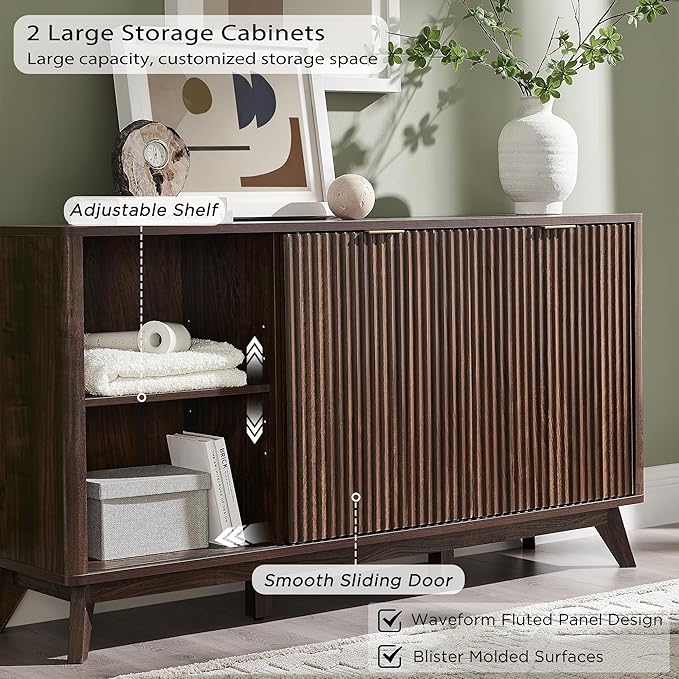 T4TREAM 60" Fluted Dresser with Sliding Doors and 4 Drawers, Modern Chest, Curved Profile Design, Dresser TV Stand, Wood Drawer Organizer for Bedroom, Living Room, Dark Walnut