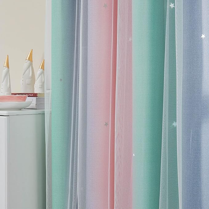 XiDi Curtains for Bedroom Decor, Rainbow Pinkgreen grey34/45