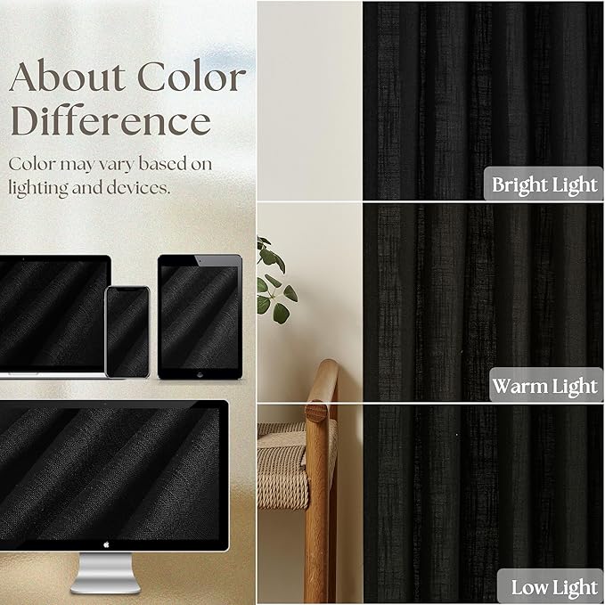 Black Linen Curtains 102 Inches Long 2 Panels for Living Room Modern Thick Linen Flax Pinch Pleated Memory Trained Light Filtering Ceiling Semi Sheer 102 Inch Curtain with Hook Rings Back Tab