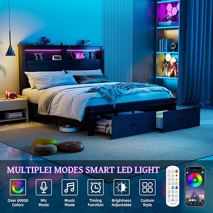 53" Tall King Bed Frame with Headboard and Storage, 2 Drawers and LED Built in Charging Station Bed Frame King Size with Farmhouse Roman Column Decoration,No Box Spring Needed (Black)