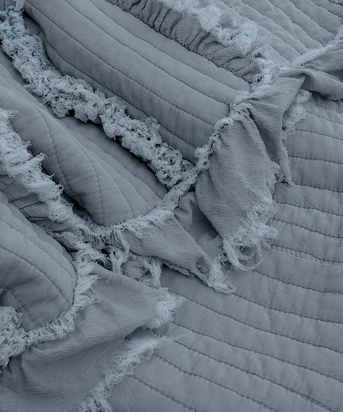 Ultra Soft Pre-Washed Quilted Throw Blanket, Ruffle Fringed Dark Blue Decorative Throw, Stone Washed Chic Rustic Blanket for Sofa Couch Bed Chair, 50"x 60"