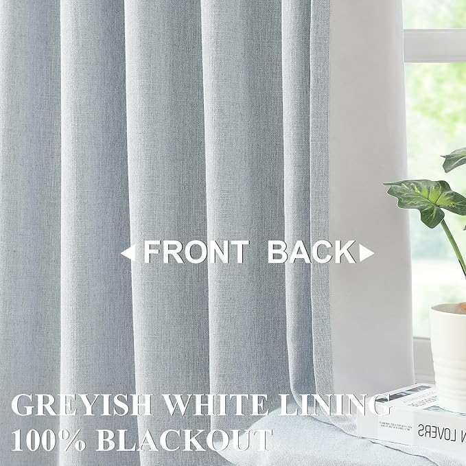 Vision Home Blue Fog Linen Full Blackout Curtains 90 inch Long for Bedroom Living Room Darkening Soundproof Window Panels Thermal Insulated Rod Pocket Back Tab Neutral Drapes 56" Wx90 Lx2