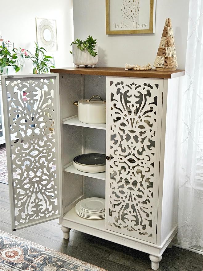 PHI VILLA Tall Accent Cabinet with Doors - Farmhouse Storage Cabinet for Living Room White