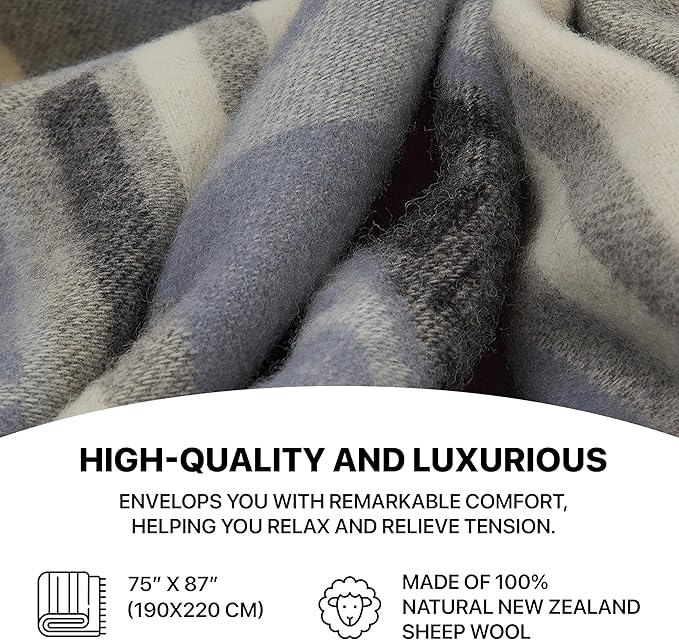 | Wool Blanket/Throw | 100% New Zealand Wool | Perfect for Home and Outdoors | Virgin Wool Throw with Fringes 75"x87" (190 x 220 cm)
