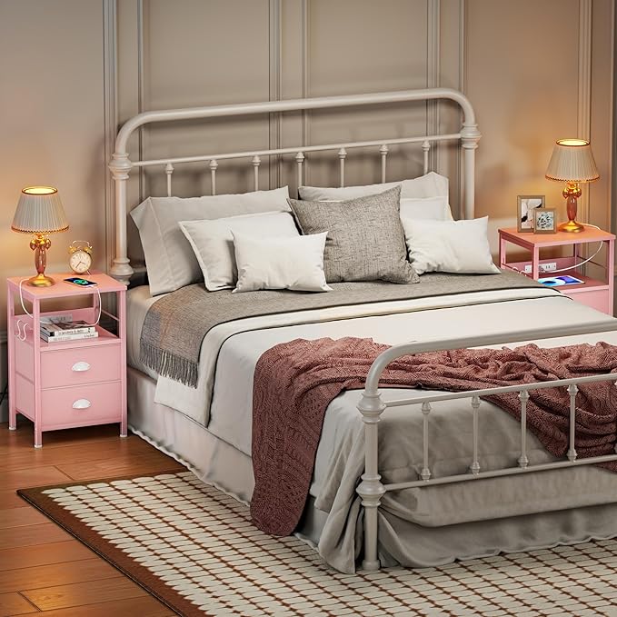 Furologee Nightstand with Charging Station, Night Stand with 2 Fabric Drawers, Side Table with USB Ports, End Table with Storage Shelf, for Living Room/Bedroom, Pink