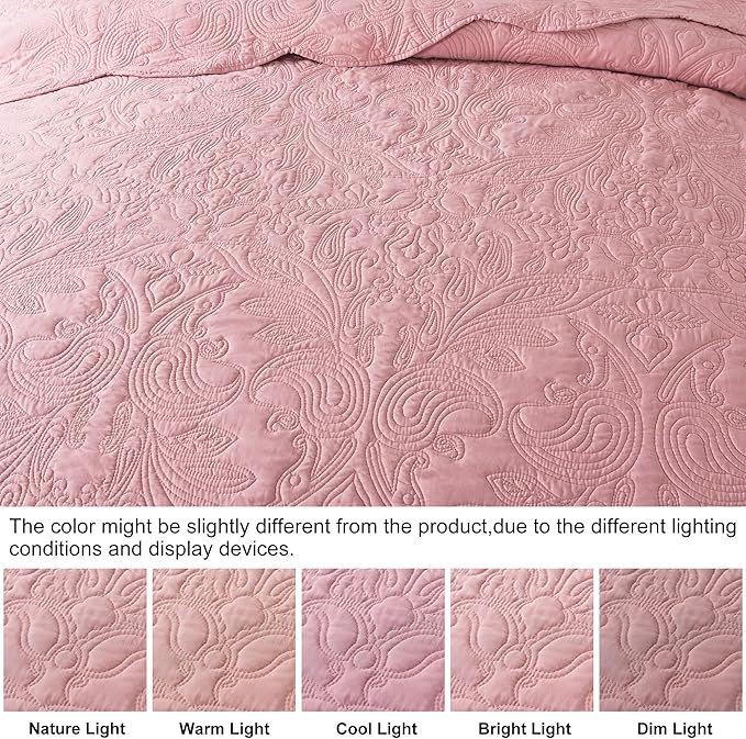 HoneiLife Queen Quilt Bedding Set - 3 Pieces Microfiber Quilt Sets Lightweight Bedspreads Reversible Coverlets Rustic Bed Cover Floral Bedding Set All Season Quilts-Pink