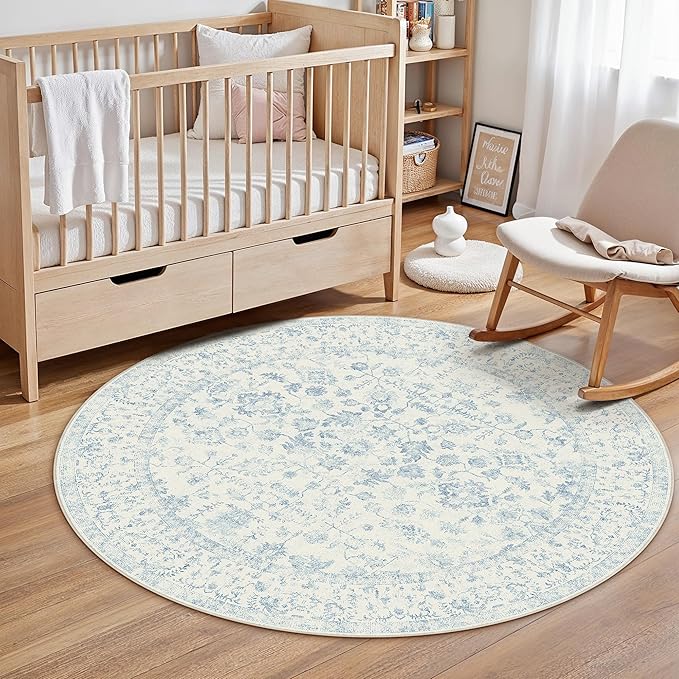 4ft Blue Round Area Rug Entryway Door Mat Small Circle 4x4 Kitchen Vintage Carpet Non Slip Indoor Bedroom Washable Distressed Floral Retro Accent Throw Rug Office Bathroom