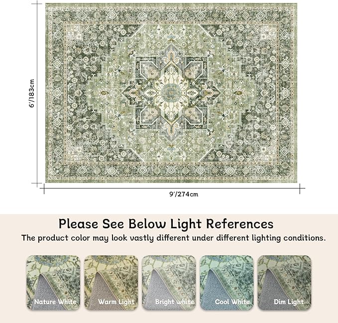 6×9 Machine Washable Rug for Living Room, Boho Vintage 6×9 Area Rug，Distressed Accent Low Pile Ultra Soft Large Carpet for Bedroom Bathroom Dining Room, Floral/Green
