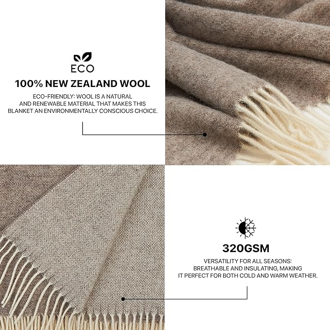 | Wool Blanket/Throw | 100% New Zealand Wool | Perfect for Home and Outdoors | Virgin Wool Throw with Fringes 75"x87" (190 x 220 cm)
