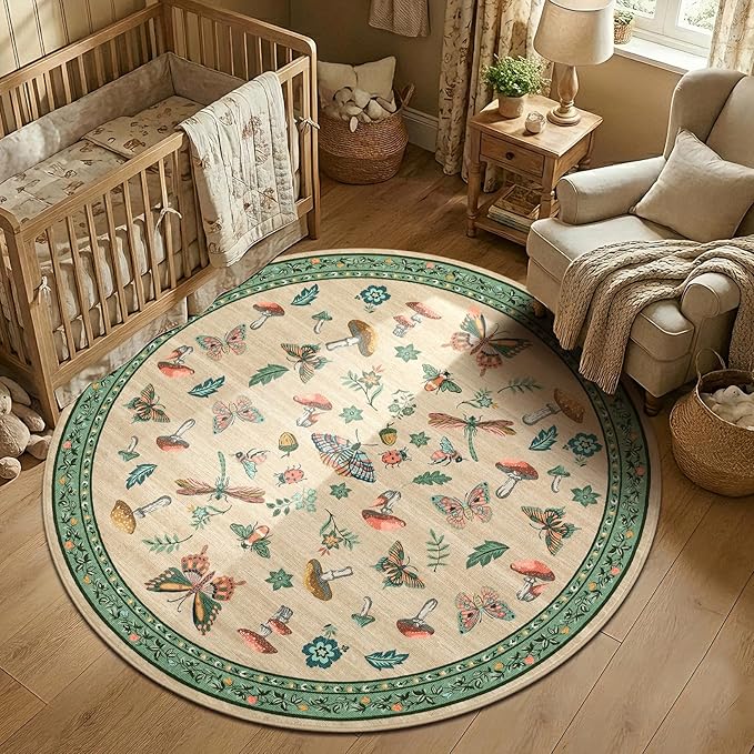 Mushroom Insect 4ft Round Rug Washable Non-Slip Soft Ultra-Thin Small Boho Circle Carpet for Entryway Kitchen Bedroom Nursery Dining Room Khaki Green