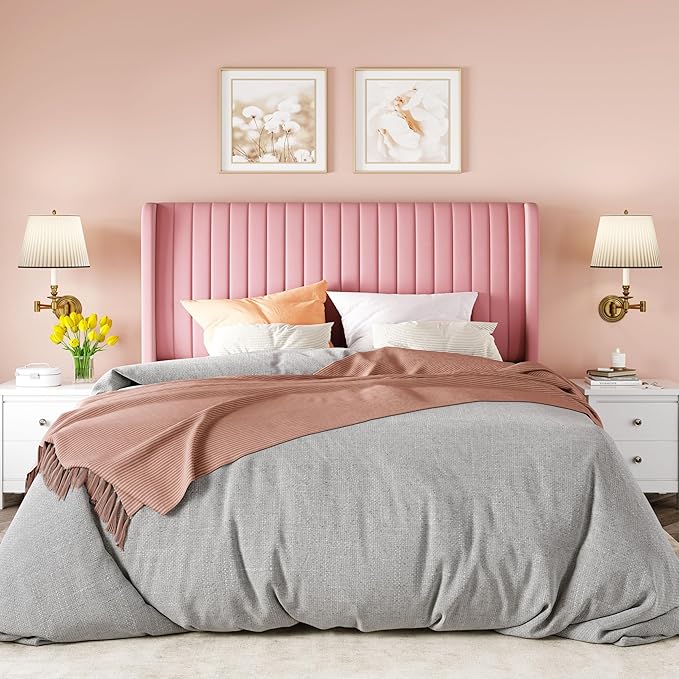 Allewie Queen Size Velvet Bed Frame/Vertical Channel Tufted Wingback Headboard/Upholstered Platform Bed/Strong Wooden Slats/No Box Spring Needed/Easy Assembly/Pink