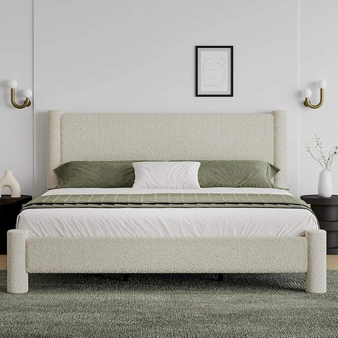 King Size Bed Frame, Boucle Bed Frame with Headborad, Soft Upholstered Platform Bed Frame with Rounded Corners, No Box Spring Required, Easy Assembly, Cream
