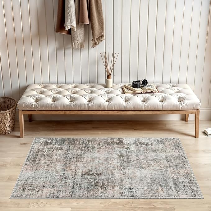 2x3 Abstract Washable Rugs for Kitchen, Floor, Entryway, Powder Room Small Area Rug Non-Slip Vintage Low Pile Throw Door Mat Pink Grey