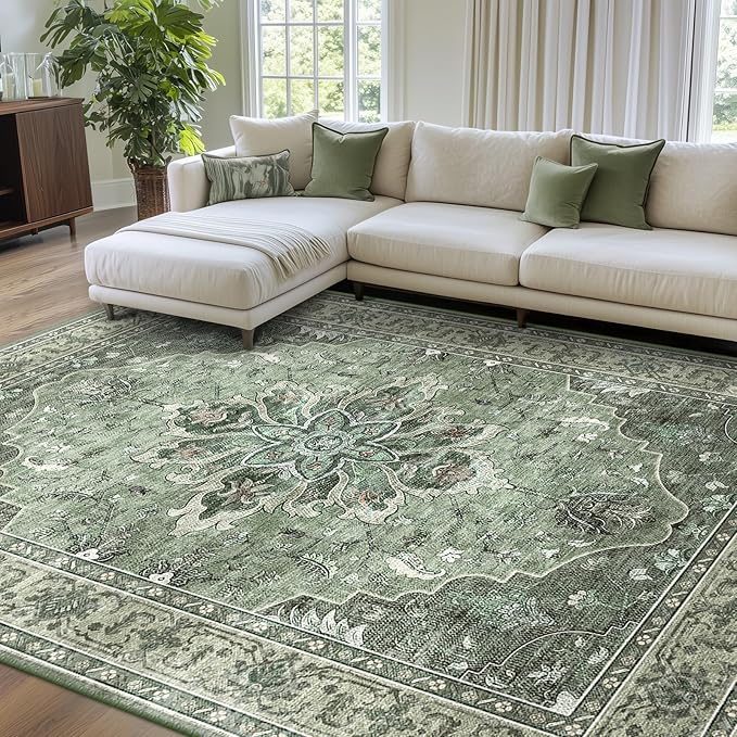 Area Rugs 7'x9' Washable Non-Slip, Floral Vintage Distress Print Pattern Medallion Carpet for Living Room Bedroom Dining Room, Dark Green Gray