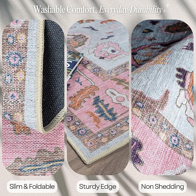 Fame Rugs Pink Beige Modern Oushak Rug 2x3, Vintage Doormat Turkish Colorful Oriental Antique Inspired Washable Small Area Rug, Luxury Living Room Bedroom (390PP, 2' x 3')