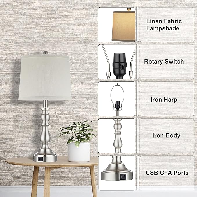 Farmhouse Side Table Lamps for Living Room Set of 2 with USB C+A Ports, Bedside Lamp for Bedroom, Dining Room Decor, Office, End Table, Knob Switch, 3 Color Temperatures, Bulb Included, Silver