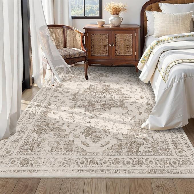 6x9 Vintage Washable Area Rugs Boho Medallion Large Distressed Retro Accent Carpet Floral Non-Slip Soft Low Pile Indoor Throw Rug for Living Room Bedroom Dining Room Office Kitchen, Taupe