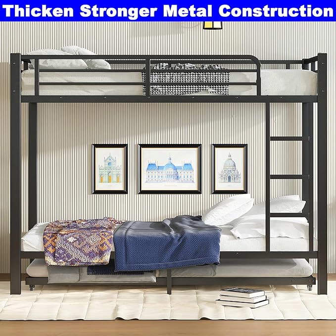 Upgraded Version Thicken Stronger Metal Heavy-Duty Twin XL Bunk Bed with Twin Size Trundle, Bunk Bed for Adults with Ladders, Easy Assemble (Twin XL Over Twin XL)