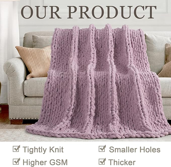 Chunky Knit Throw Blanket 60"X 80", 100% Handmade with Soft Chenille Yarn, 4.4lbs Thick Cable Knitted Blankets, Large Rope Knot Crochet Throws for Couch Sofa Bed Home Decor, Purple