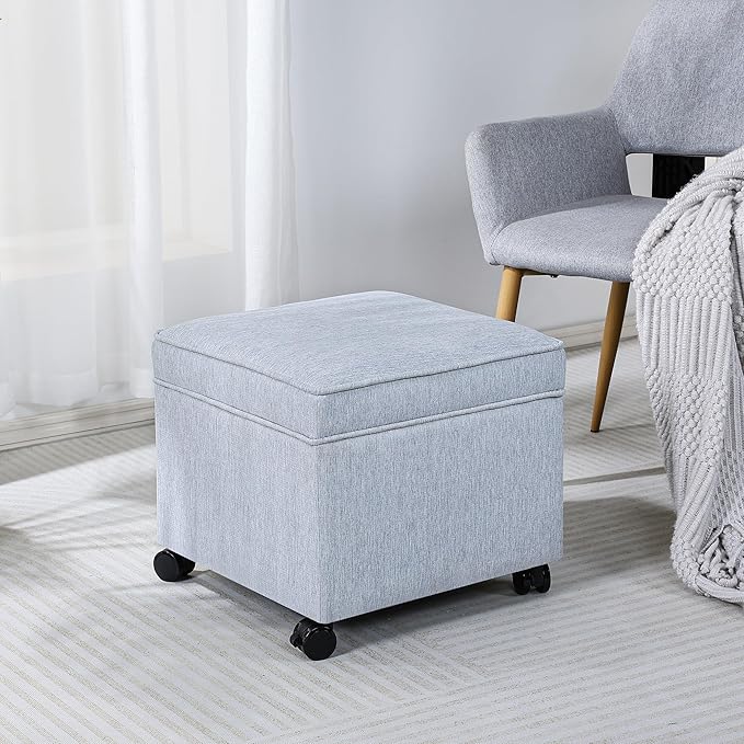 Adeco 17.5" Square Fabric Ottoman with Storage, Upholstered Cotton Linen Foot Rest, Flip Top Footstool, Small Cube Coffee Table Extra Seat for Living Room, Bedroom, Ice Blue with Rolling Legs