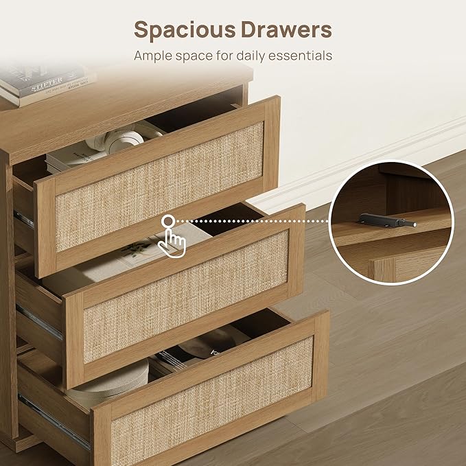 SICOTAS Dresser for Bedroom - 75" Wide 9 Drawer Dresser Rattan Dressers & Chests of Drawers Boho Drawers for Bedroom Bedside Table Clothes Long Closet Storage for Closet Hallway Entryway
