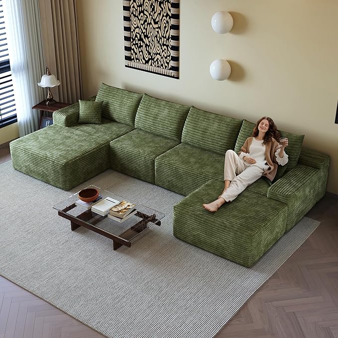 136" Sectional Couches for Living Room Modern Modular Sofa with L-Shape Couchs Upholstered Boneless Couch Deep Seat Sectional Couch with Chaise (Green, Left Facing Chaise+3Seaters+Ottoman)