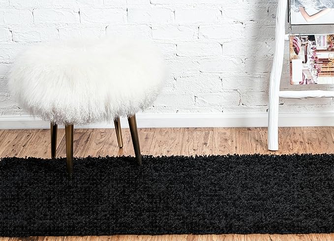 Unique Loom Solid Shag Collection Area Rug (2' 6" x 10' Runner, Jet Black)
