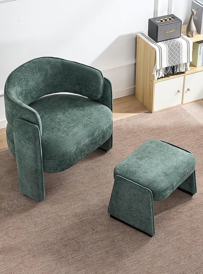 LOULENS Oversized Accent Chair with Ottoman, Modern Upholstered Barrel Chair with Footrest, Comfy Round Armchair for Living Room, Bedroom, Reading Room & Corner (1, Green)