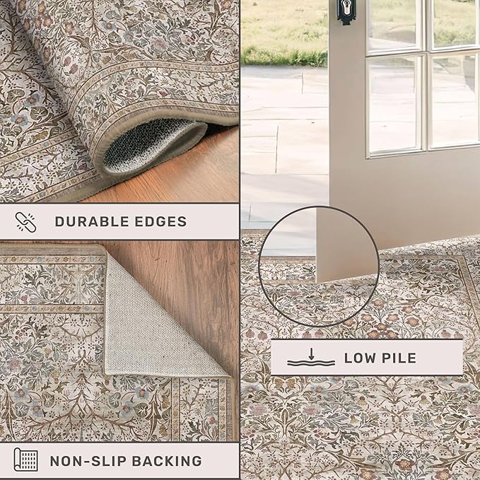 Non Slip 2x5 Moss Green Bathroom Runner Rug - Small Runner Rugs, Washable Kitchen Floor Mat, Bedroom, Laundry Room, Hallway Runner - Vintage Oriental Taupe Dark Décor