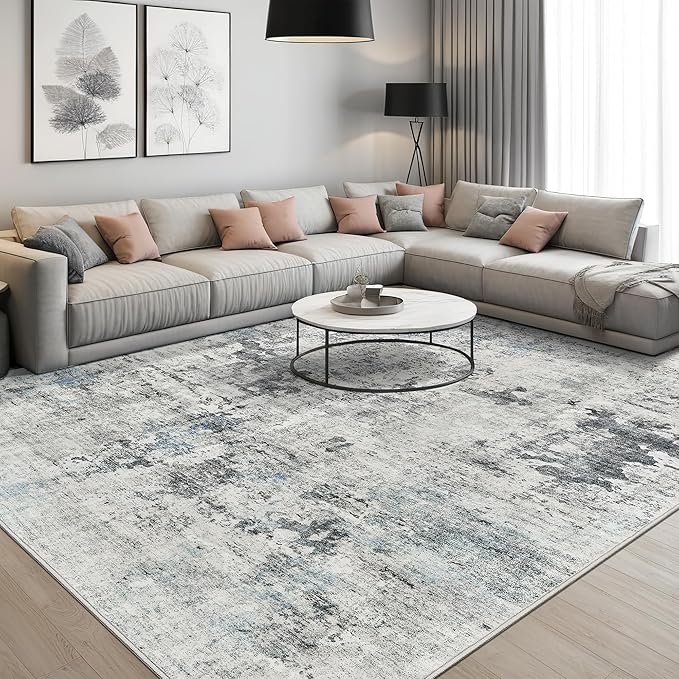 Abstract Rug 8x10 Large Living Room Rugs Neutral Modern Washable Area Rugs for Bedroom Dining Room Non-Slip Stain Resistant Foldable Thin Rug Gray Blue