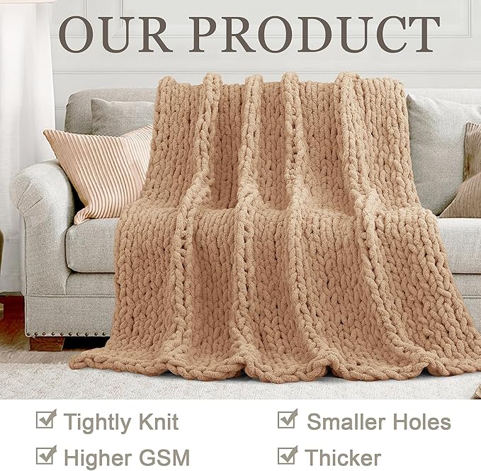 Chunky Knit Throw Blanket 50"X 60", 100% Handmade with Soft Chenille Yarn, 4.4lbs Thick Cable Knitted Blankets, Large Rope Knot Crochet Throws for Couch Sofa Bed Home Decor, Tan Brown