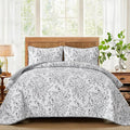 WONGS BEDDING Quilt Queen Size, Grey Quilt Bedding Set with 2 Pillowcases, Botanical Quilt for Queen Bed, Soft Microfiber Lightweight Coverlet Bedspread for All Season (96"×90", 3 Pieces)