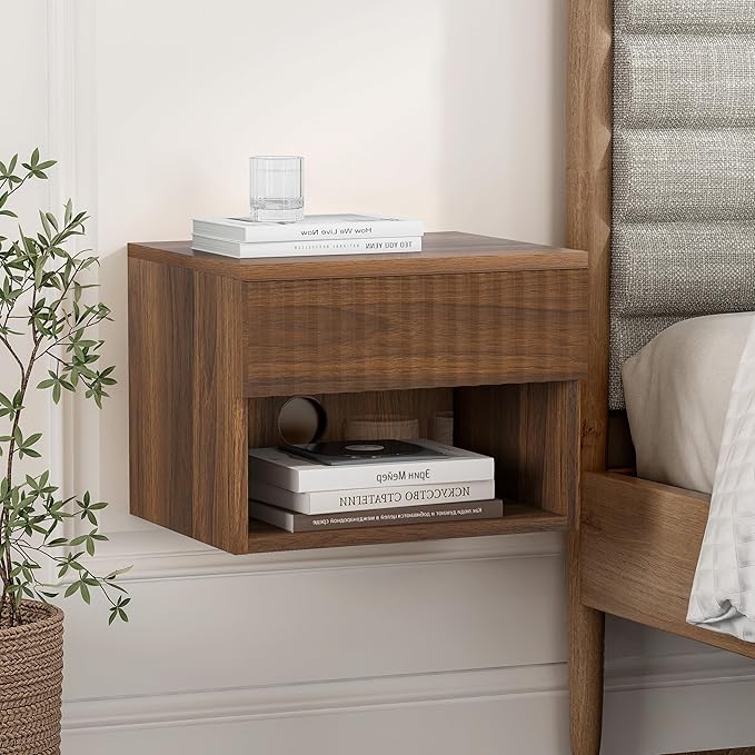 Floating Bedside Cabinet Set of Four with Drawers and Open Shelves, Compact Wall-Mounted Bedside Shelf, Modern Recessed Bedside Cabinet Suitable for Bedrooms and Living Rooms, Brown