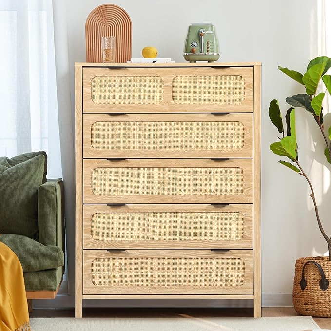 LEVNARY 5 Drawer Chest Dresser, Rattan Tall Dresser 5 Chest of Drawers Dressers for Bedroom, Wooden Storage Cane Cabinet with Metal Handles for Living Room Hallway (Natural)