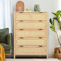 LEVNARY 5 Drawer Chest Dresser, Rattan Tall Dresser 5 Chest of Drawers Dressers for Bedroom, Wooden Storage Cane Cabinet with Metal Handles for Living Room Hallway (Natural)