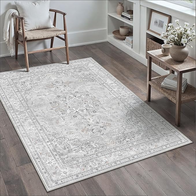 Grey 3x5 Area Rug Washable Vintage Carpet for Entryway Office Soft Retro Floral Kitchen Low Pile Thin Door Mat Non Slip Central Medallion Throw Rug for Bathroom Bedroom Dining Living Room