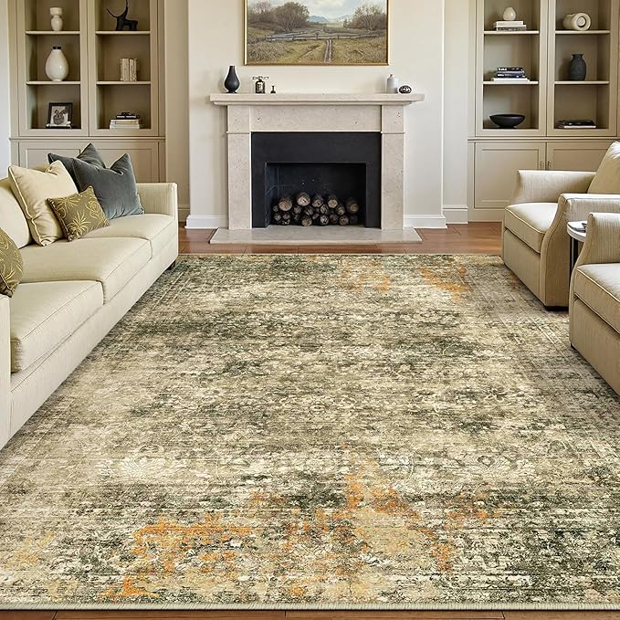 Area Rug 8x10 Brown Washable Non-Slip Lightweight Floral Vintage Distress Print Rug for Living Room Low Pile Soft Throw Indoor Carpet for Office College Dorm Laundry Dining Room Bedroom