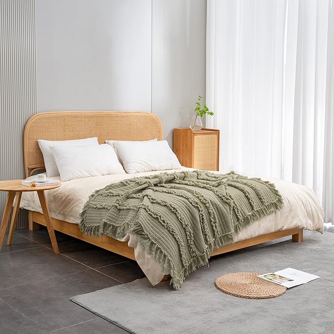 Ultra Soft Pre-Washed Quilted Throw Blanket, Ruffle Fringed Olive Green Decorative Throw, Sage Green Stone Washed Chic Rustic Blanket for Sofa Couch Bed, 50"x 60"