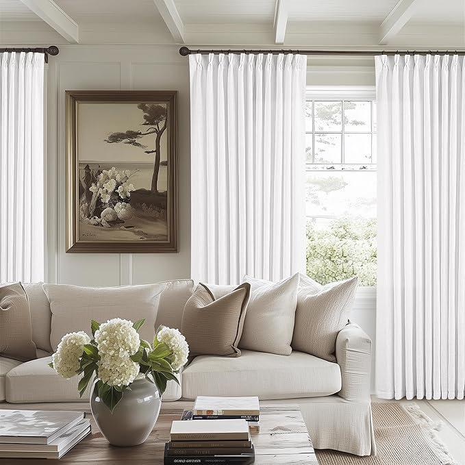 Extra Wide 108 Inch Long Curtains 70 Inch Wide Pinch Pleat Linen Curtains for Living Room Bedroom Light Filtering Privacy Pleated Drapes Hooks Rings Back Tab for Sliding Door White 1 Panel