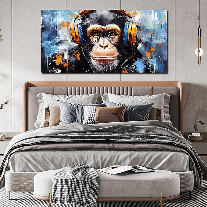 ENTANUB Monkey Wall Art for Living Room, Animal Canvas Print Painting for Bedroom, Blue Picture Decor, Size 59 x 29 Inches